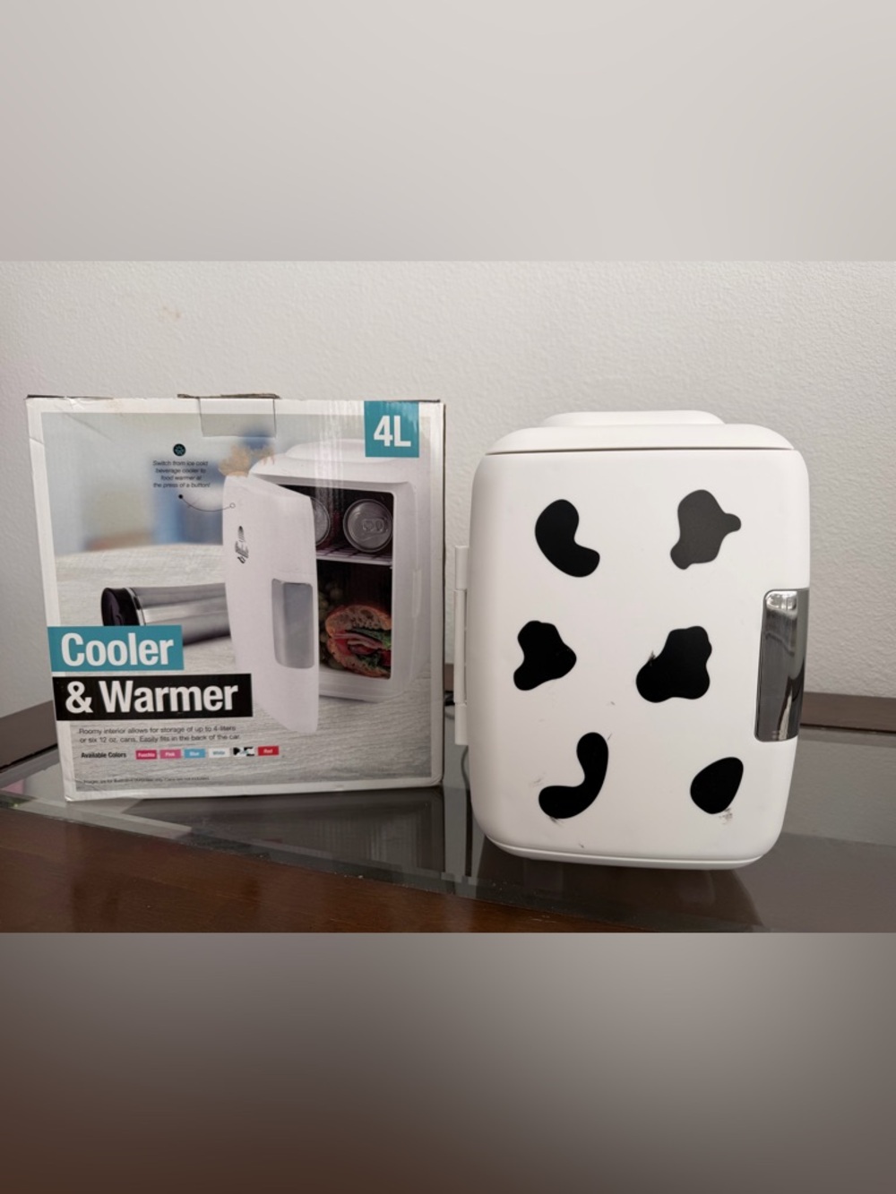 Portable Mini Cooler & Warmer - White with Black Cow Spot Pattern